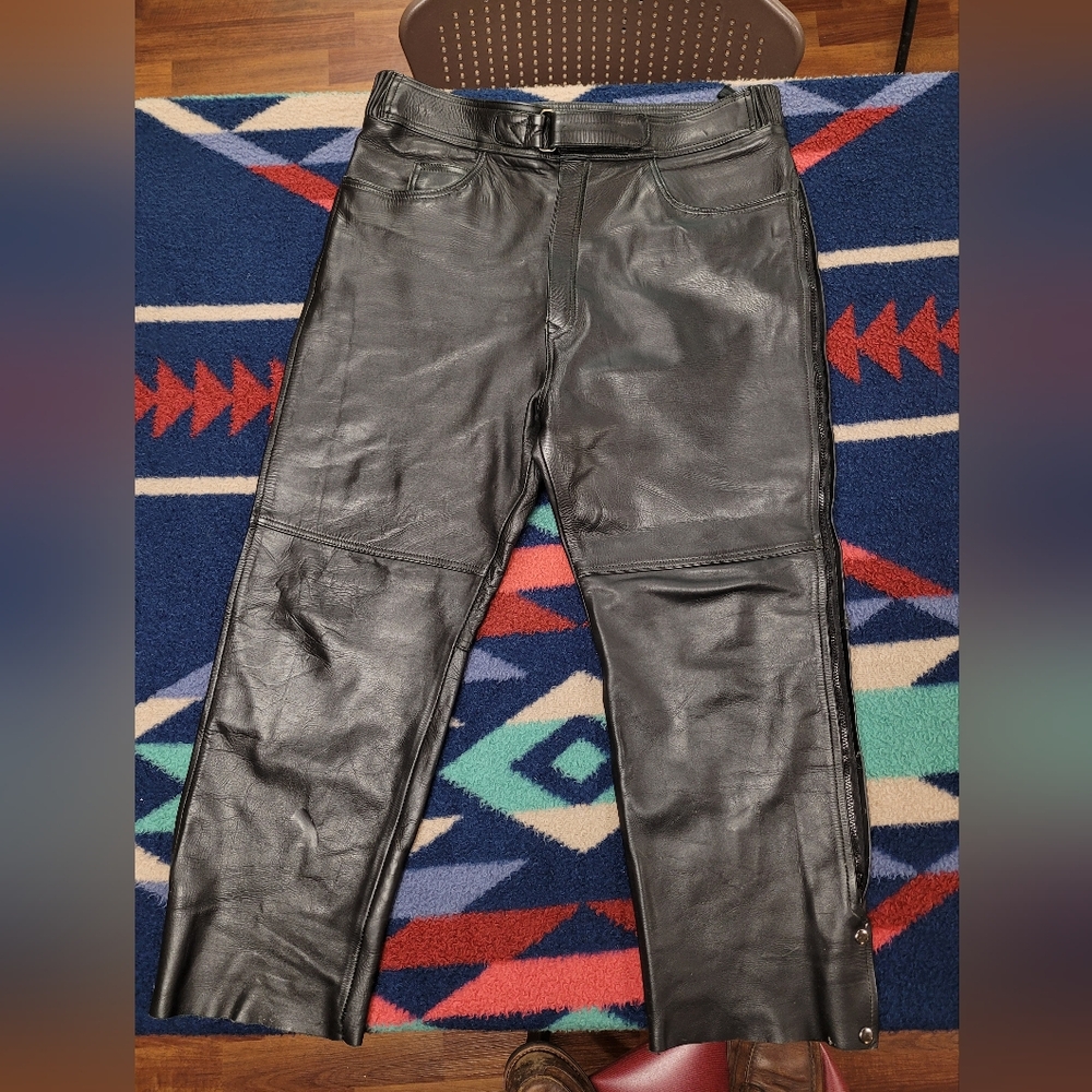 Joe Rocket Black Leather Motorcycle Pants Mens Sz 38 38x26 Full Zip Legs